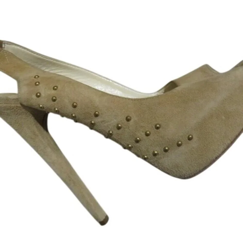 BRIAN ATWOOD Taupe Tan Suede Leather Studded Platform Slingback Peep Toe Pumps